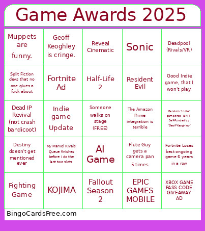 Game Awards 2025 Bingo Card