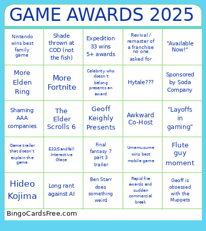 GAME AWARDS 2025 Bingo Card