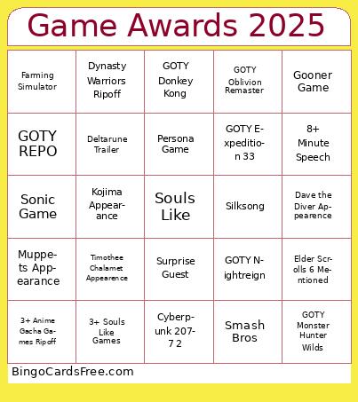 Game Awards 2025 Bingo