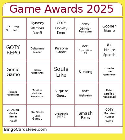 Game Awards 2025 Bingo