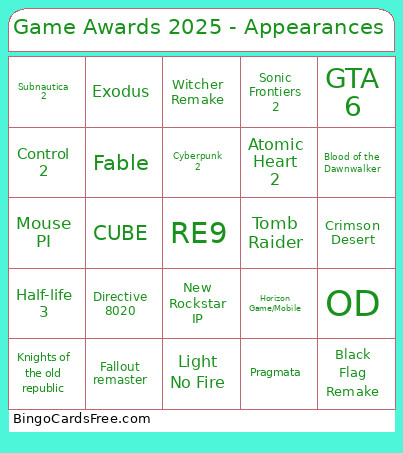 Game Awards 2025 - Appearances Bingo Card