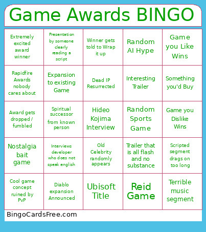 Game Awards 2025 Bingo Card