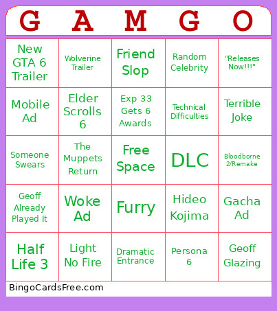 Game Awards 2025 Bingo Card