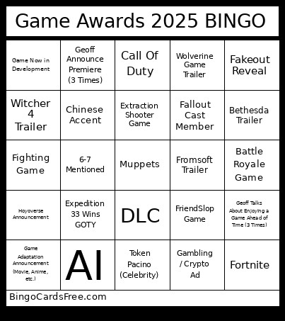 Game Awards 2025 Bingo Card