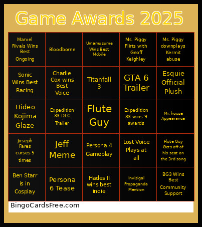 Game Awards 2025 Bingo Card