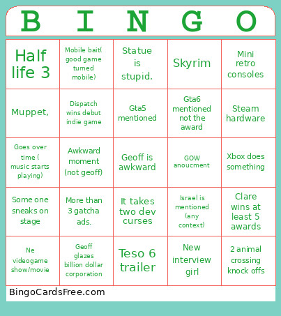 Game Awards 25 Bingo Card