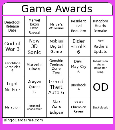 Game Awards Bingo Card