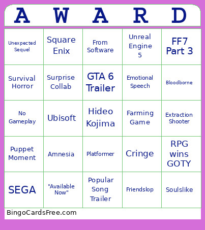 Game Awards Bingo Card 2