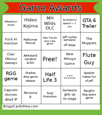 Game Awards Bingo Card