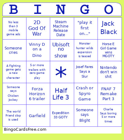 Game Awards Bingo Card