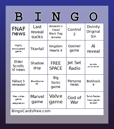 Game Awards Bingo Card