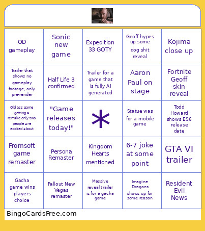 Game Awards Bingo Card