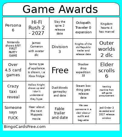 Game Awards Bingo Card