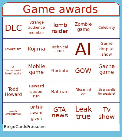 Game Awards Bingo Card 2