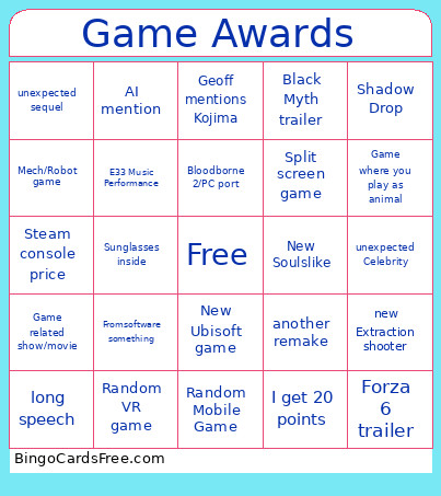 Game Awards Bingo Card 2