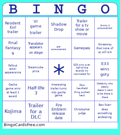 Game Awards Bingo Card