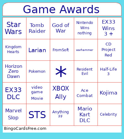 Game Awards Bingo Card