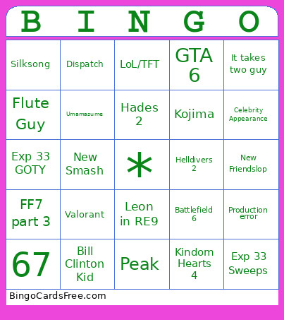 Game Awards Bingo Card