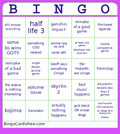 Game Awards Bingo Card 2