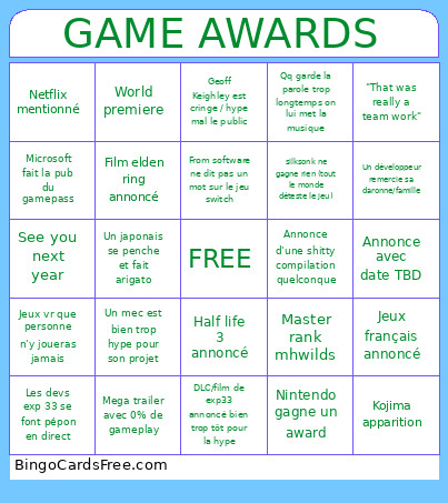 Game Awards Bingo Card