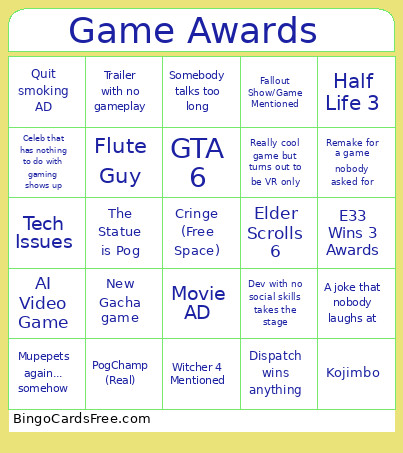 Game Awards Bingo Card