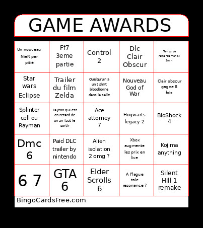 GAME AWARDS Bingo Card