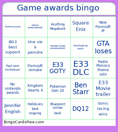 Game Awards 2025 Bingo Card 2
