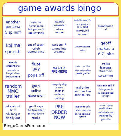 Game Awards Bingo Card