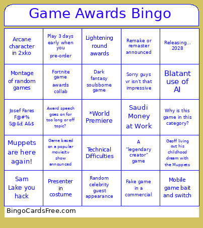 Game Awards Bingo Card