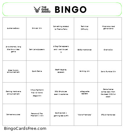 Game Awards Bingo Card