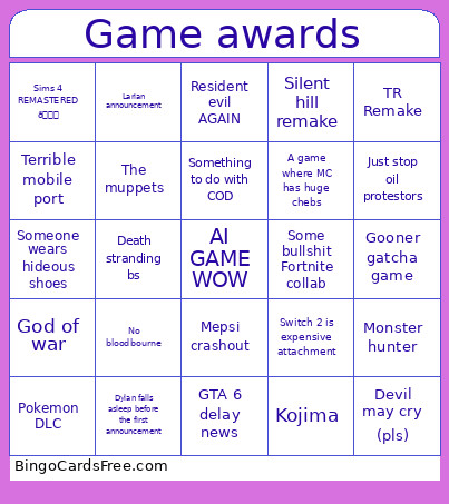 Game Awards Bingo Card