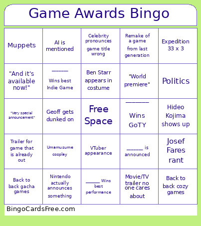 Game Awards Bingo Card 2