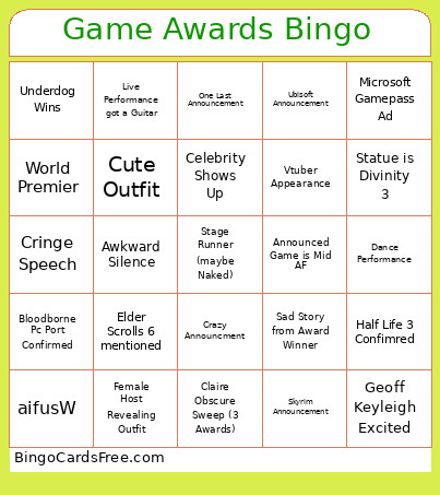 Game Awards Bingo Card 2