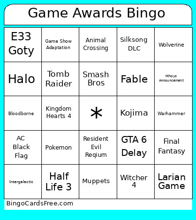 Game Awards Bingo Card