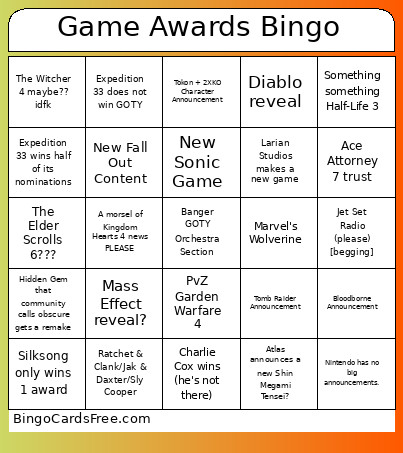 Game Awards Bingo Card 3