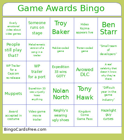 Game Awards Bingo Card