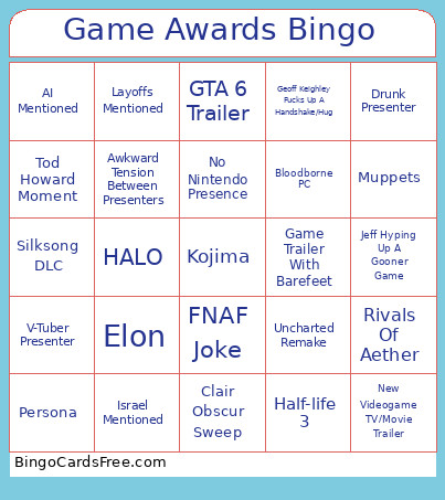 Game Awards Bingo Card