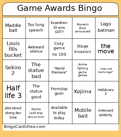 Game Awards Bingo Card