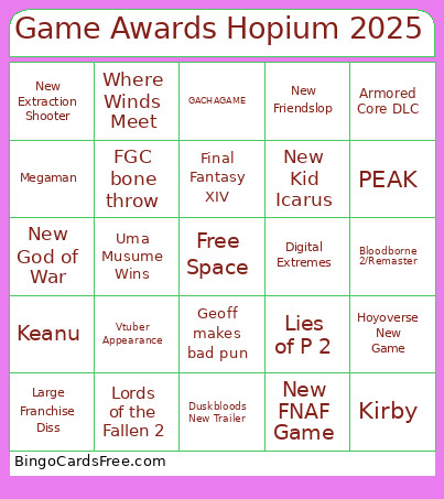 Game Awards Hopium 2025 Bingo Card