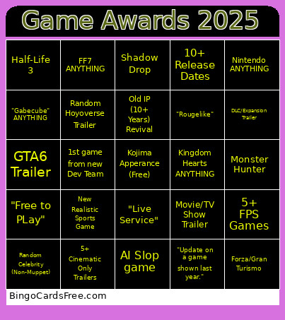 Game Awards Night Bingo Card