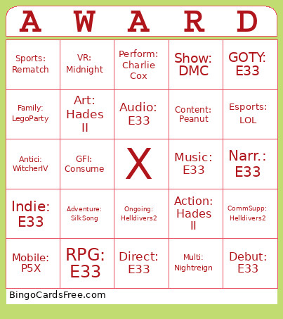Game Awards Nominations Bingo Card