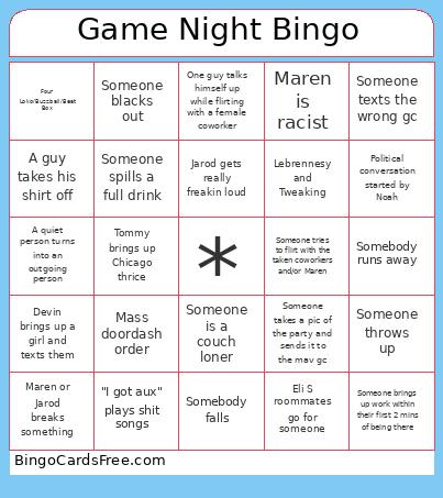 Game Night Bingo Card