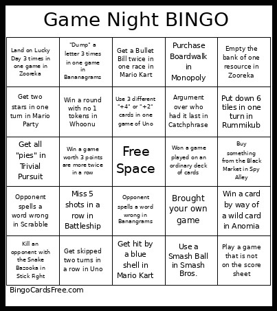 Game Night Bingo Card