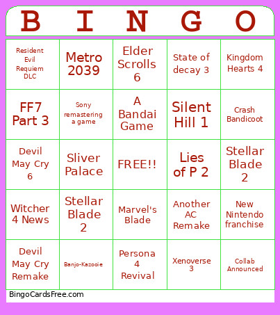 Game Predictions Bingo Card