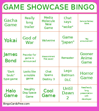Game Showcase Bingo Card