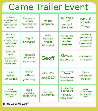 Game Trailer Event Bingo Card