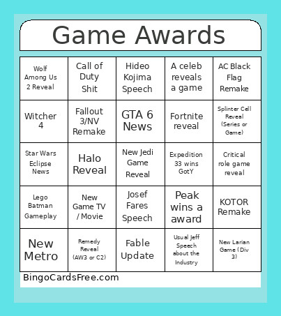 GameAwards25 Bingo Card