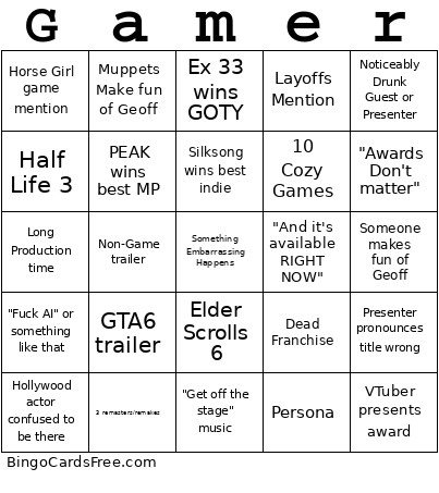 GameAwards Bingo Card