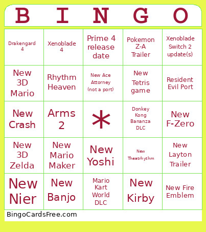 Gamenights Nintendo Bingo Card
