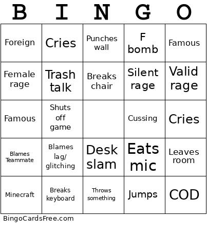 Gamer Rage Bingo Card